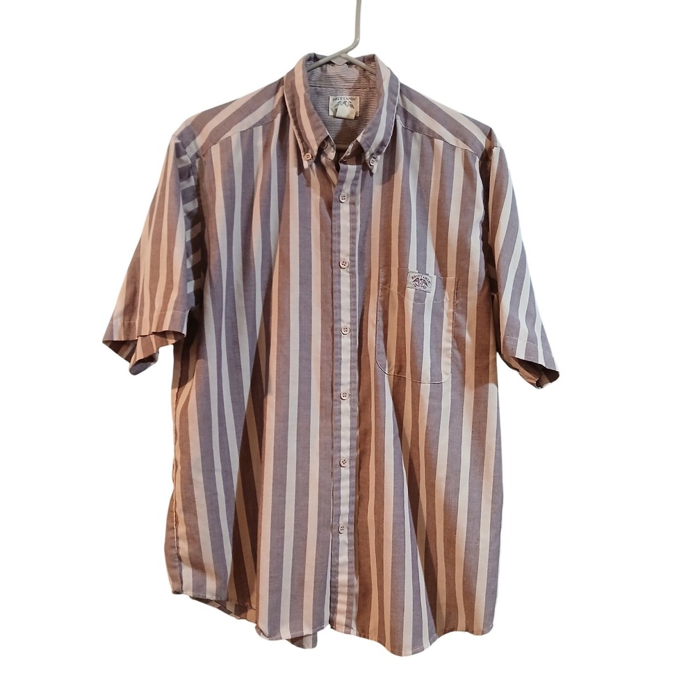 Vtg Brittania Mens Large Purple Grey Striped Short Sleeve Button Down Shirt